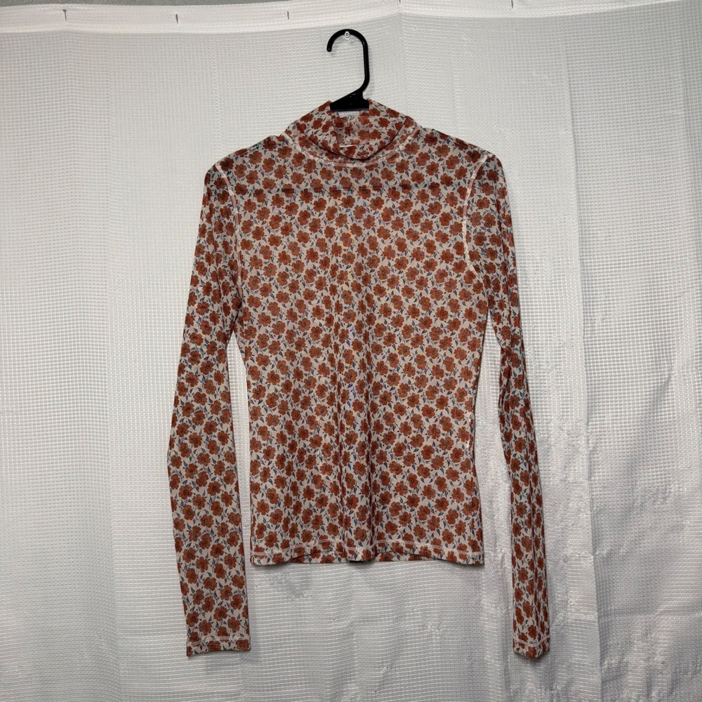 Levi's Mesh Turtleneck Top Floral Print Sheer Long Sleeve Mock Neck Boho Medium